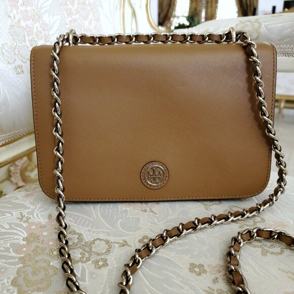 Tory Burch Robinson Tan Saffiano Leather Logo Shoulder Bag Chain Crossbody - Picture 5 of 15